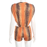 Snake Print Sleeveless Bobysuit Two Piece Shorts Set MXBF-J25ST348