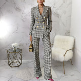 Plaid Print Long Sleeve Blazer Pants 2 Piece Set YF-10952