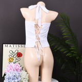 Halterneck Solid Color Backless Tops GFRT-32412TBY