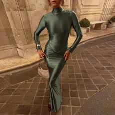 Ruched Long Sleeve Solid Color Maxi Dress XEF-K25D85352