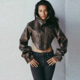 High-Neck Solid Color Short Zipper PU Leather Jacket XEF-K25C84468