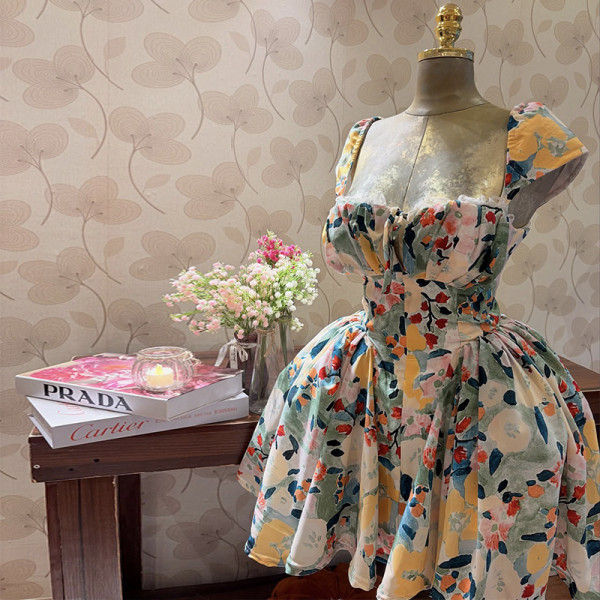 Sling Lace Print Pleated Mini Dress GANY-LB1083