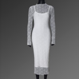 Lace See Through Long Sleeve Slim Long Dress GFRT-32428SBY
