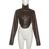 High-Neck Solid Color Short Zipper PU Leather Jacket XEF-K25C84468