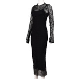 Lace See Through Long Sleeve Slim Long Dress GFRT-32428SBY