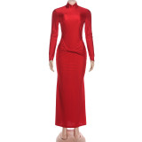 Ruched Long Sleeve Solid Color Maxi Dress XEF-K25D85352