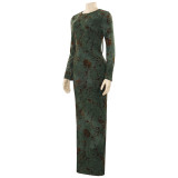 Long Sleeve Print Tie Up Backless Maxi Dress GAXB-A646DS