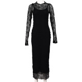Lace See Through Long Sleeve Slim Long Dress GFRT-32428SBY