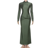 Ruched Long Sleeve Solid Color Maxi Dress XEF-K25D85352