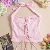 Halterneck Solid Color Backless Tops GFRT-32412TBY