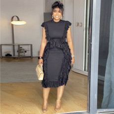 Plus Size Solid Color Sleeveless Ruffles Midi Dress GANY-LB1136