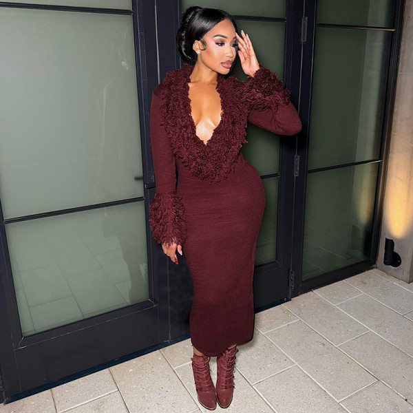 Deep V Neck Solid Color Knits Long Dress DLSF-W25D84208