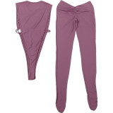 Solid Color Tie Up Bodysuit Two Piece Pants Set XEF-K25Q85558