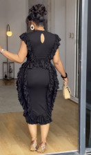 Plus Size Solid Color Sleeveless Ruffles Midi Dress GANY-LB1136