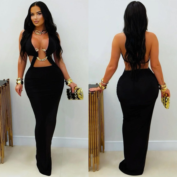 Sexy Solid Color Tie Up Maxi Dress BY-7572