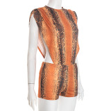 Snake Print Sleeveless Bobysuit Two Piece Shorts Set MXBF-J25ST348