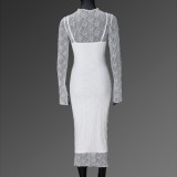 Lace See Through Long Sleeve Slim Long Dress GFRT-32428SBY
