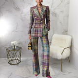 Plaid Print Long Sleeve Blazer Pants 2 Piece Set YF-10952