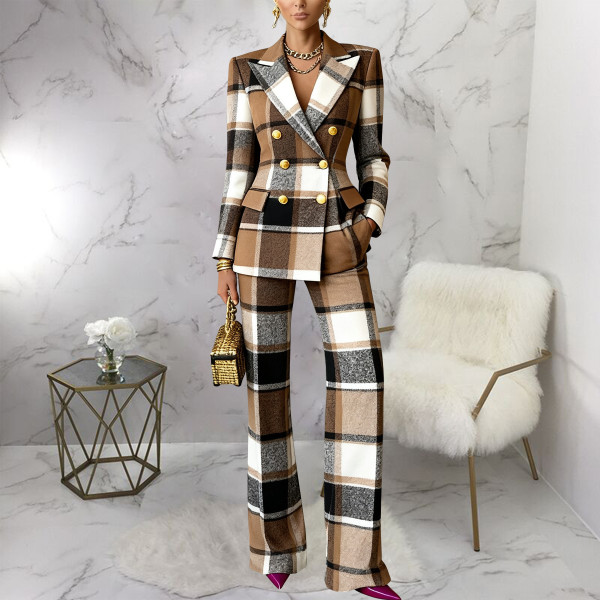 Plaid Print Long Sleeve Blazer Pants 2 Piece Set YF-10952