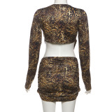 Leopard Print V Neck Long Sleeve Skirt Suit XEF-K25S85189