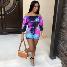 Printed Off Shoulder Waist Belt Jumpsuit FSXF-F25X