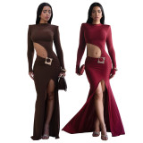 Sexy Long Sleeve Hollow Out Split Maxi Dress YF-10947
