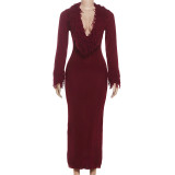 Deep V Neck Solid Color Knits Long Dress DLSF-W25D84208