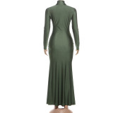 Ruched Long Sleeve Solid Color Maxi Dress XEF-K25D85352