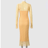 Lace See Through Long Sleeve Slim Long Dress GFRT-32428SBY