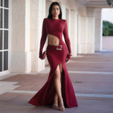 Sexy Long Sleeve Hollow Out Split Maxi Dress YF-10947
