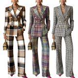 Plaid Print Long Sleeve Blazer Pants 2 Piece Set YF-10952