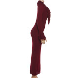 Deep V Neck Solid Color Knits Long Dress DLSF-W25D84208