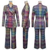 Plaid Print Long Sleeve Blazer Pants 2 Piece Set YF-10952