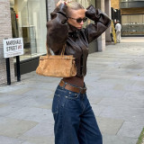 High-Neck Solid Color Short Zipper PU Leather Jacket XEF-K25C84468