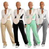 Casual Patchwork Zipper Tops Pants 2 Piece Set SH-391413