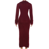 Deep V Neck Solid Color Knits Long Dress DLSF-W25D84208