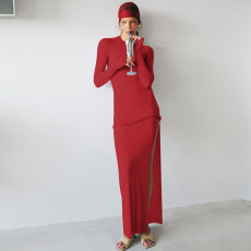 Long Sleeve Patchwork Twist-Knot Split Maxi Dress GLAG-D5920243G