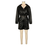 Leather Zipper Hooded Coat Two Piece Shorts Set AIL-338
