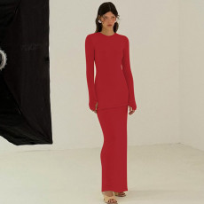 Long Sleeve Patchwork Twist-Knot Split Maxi Dress GLAG-D5920243G