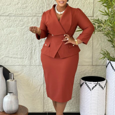 Plus Size Solid Color Long Sleeve Midi Dress GCZF-8645