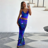 V Neck Print Sling Vest Long Skirt Two Piece Set BLG-S4416112K
