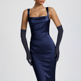 Solid Color Square Neck Ribbon Maxi Dress GLAG-D5920130G
