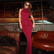 Sleeveless Solid Color Ruched Split Maxi Dress GSBW-Q25DS104