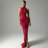 Sleeveless Solid Color Ruched Split Maxi Dress GSBW-Q25DS104