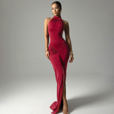 Sleeveless Solid Color Ruched Split Maxi Dress GSBW-Q25DS104
