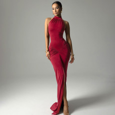 Sleeveless Solid Color Ruched Split Maxi Dress GSBW-Q25DS104