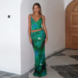 V Neck Print Sling Vest Long Skirt Two Piece Set BLG-S4416112K