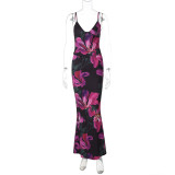 V Neck Print Sling Vest Long Skirt Two Piece Set BLG-S4416112K