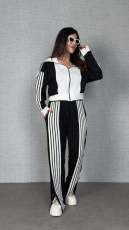 Striped Velvet Patchwork Long-Sleeve Zipper Pants Set TE-4741