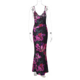 V Neck Print Sling Vest Long Skirt Two Piece Set BLG-S4416112K